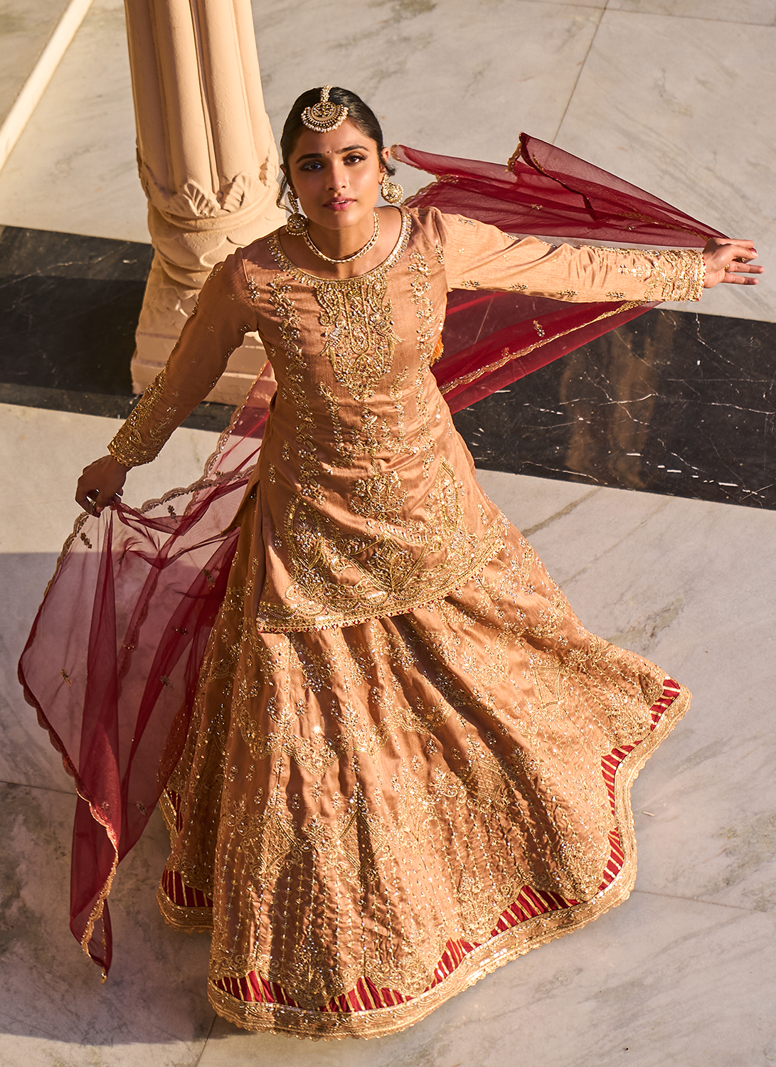 Dusty Beige and Maroon Embroidered Lehenga