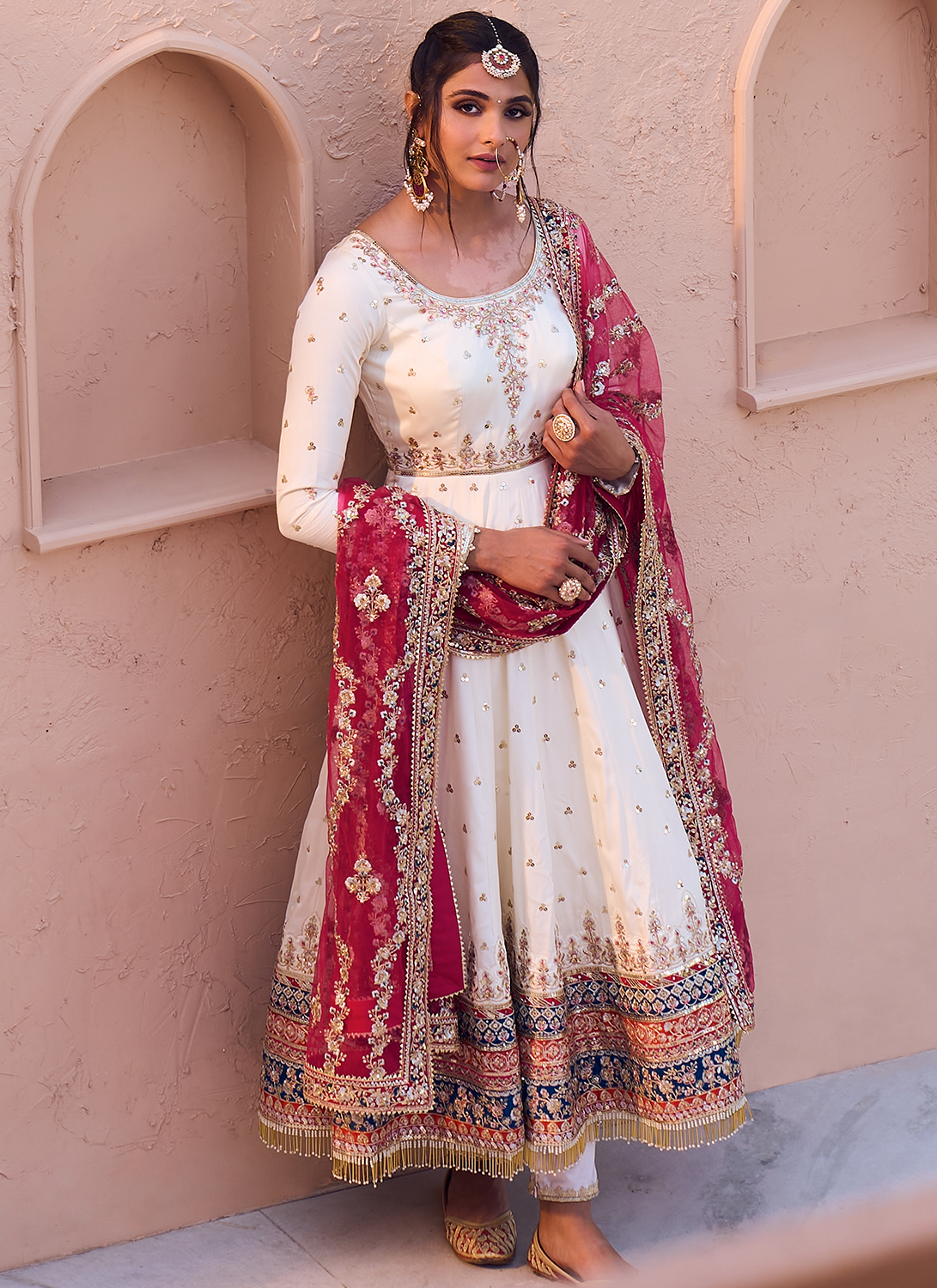 White Multicolor Embroidered Anarkali