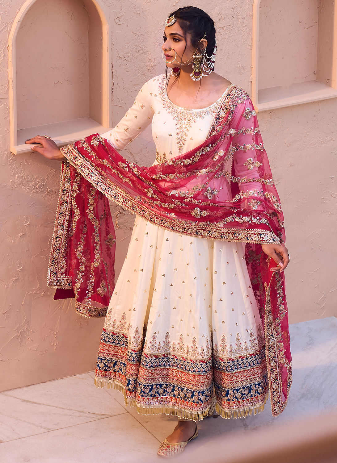 White Multicolor Embroidered Anarkali