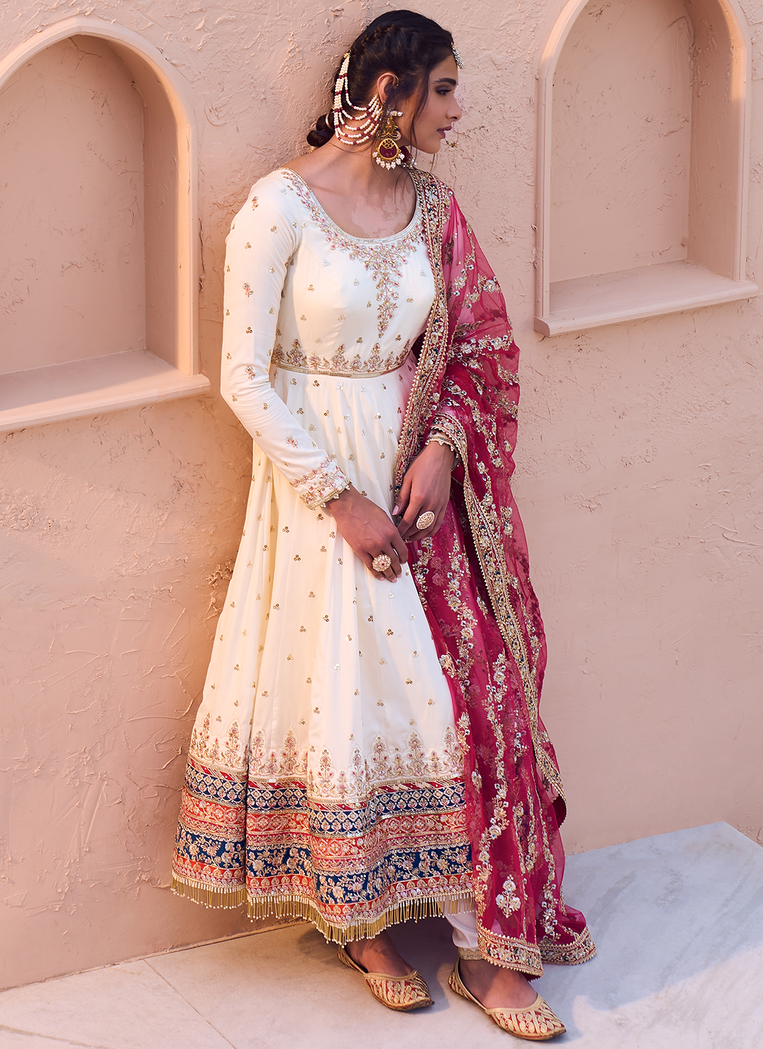 White Multicolor Embroidered Anarkali