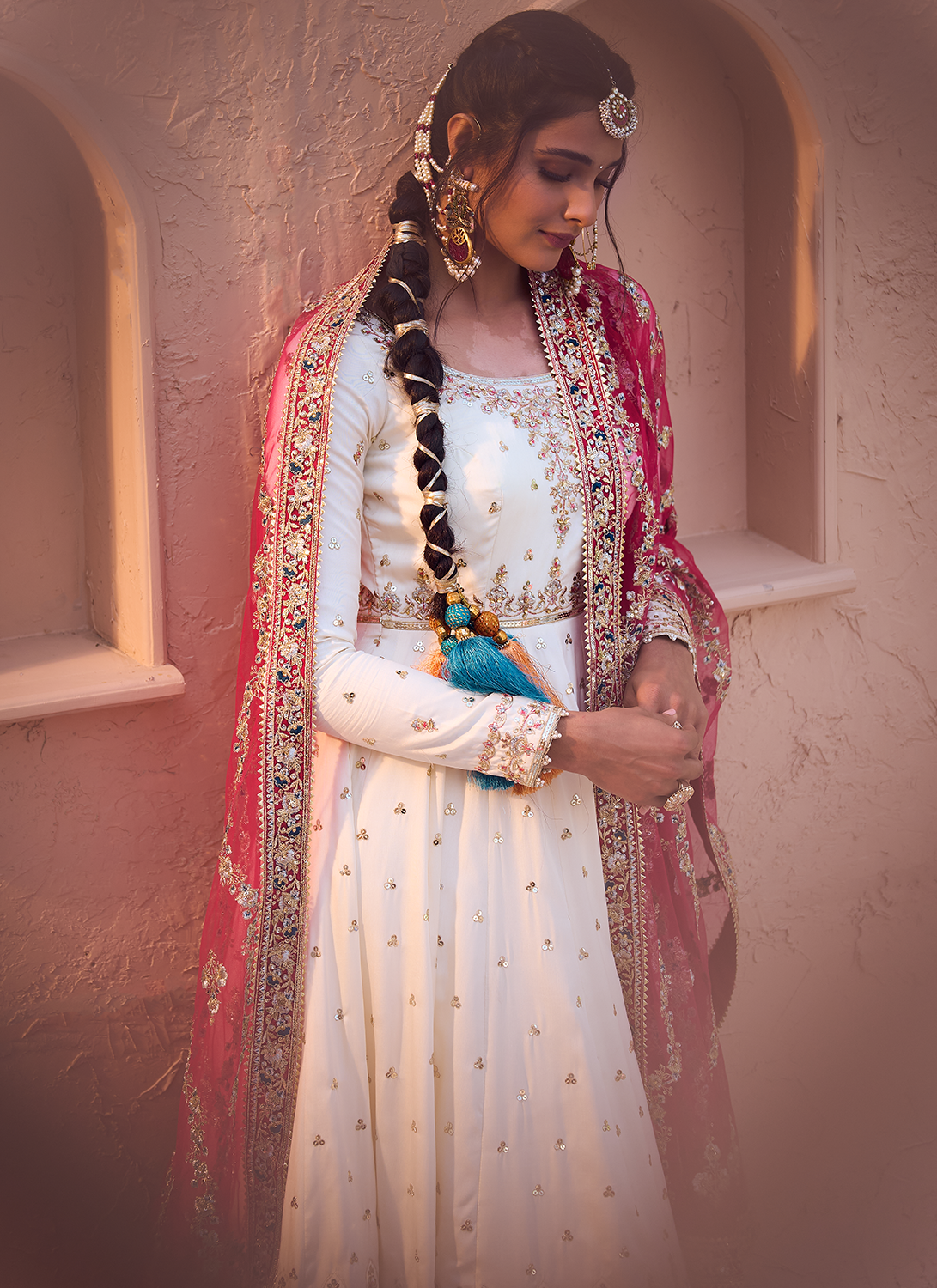 White Multicolor Embroidered Anarkali