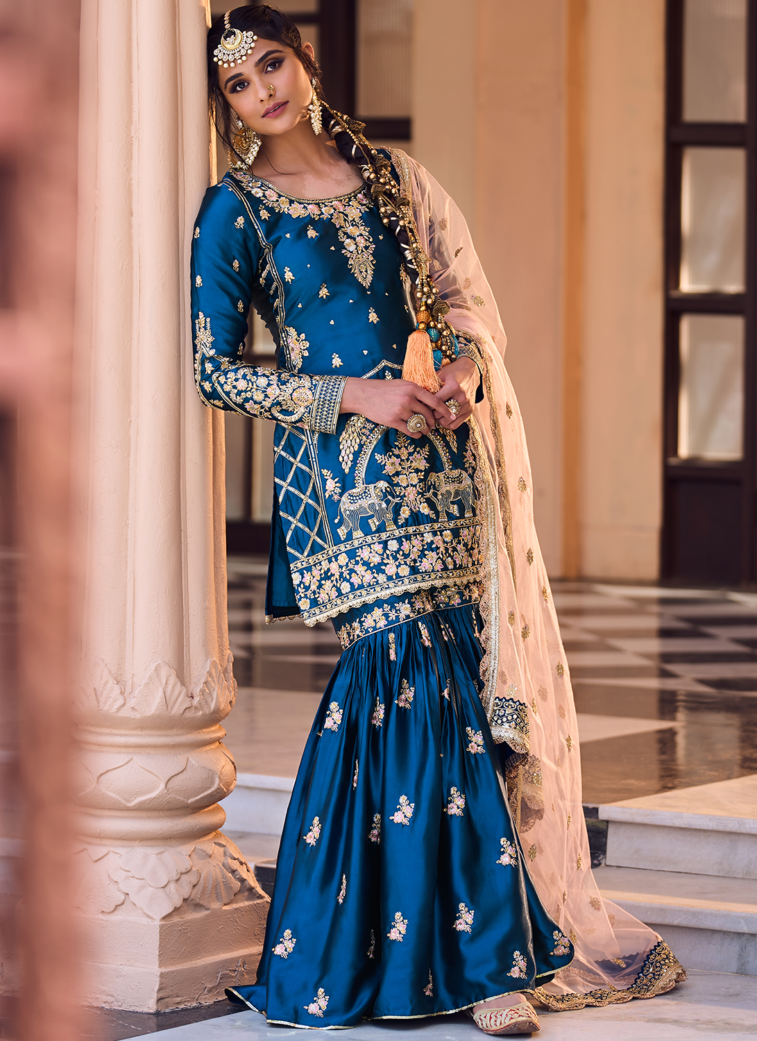 Teal and Peach Embroidered Gharara Suit