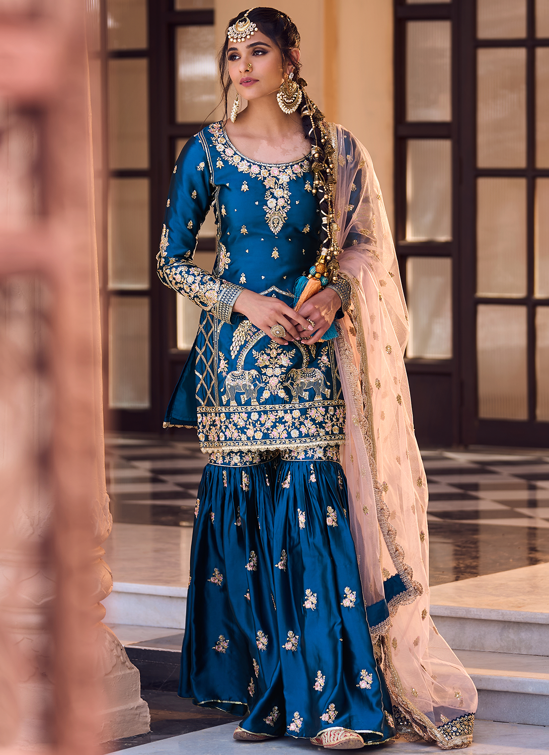 Teal and Peach Embroidered Gharara Suit