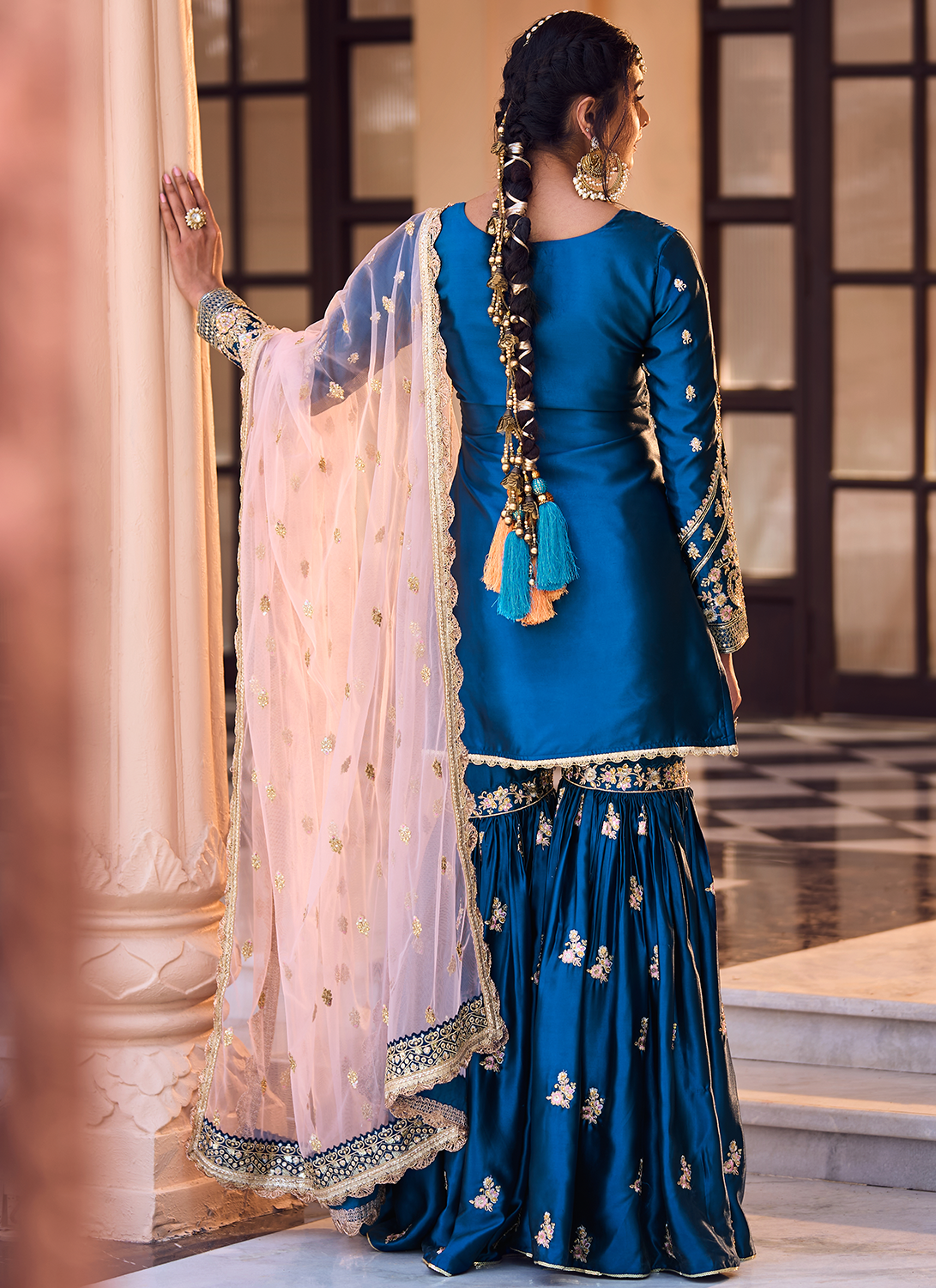 Teal and Peach Embroidered Gharara Suit