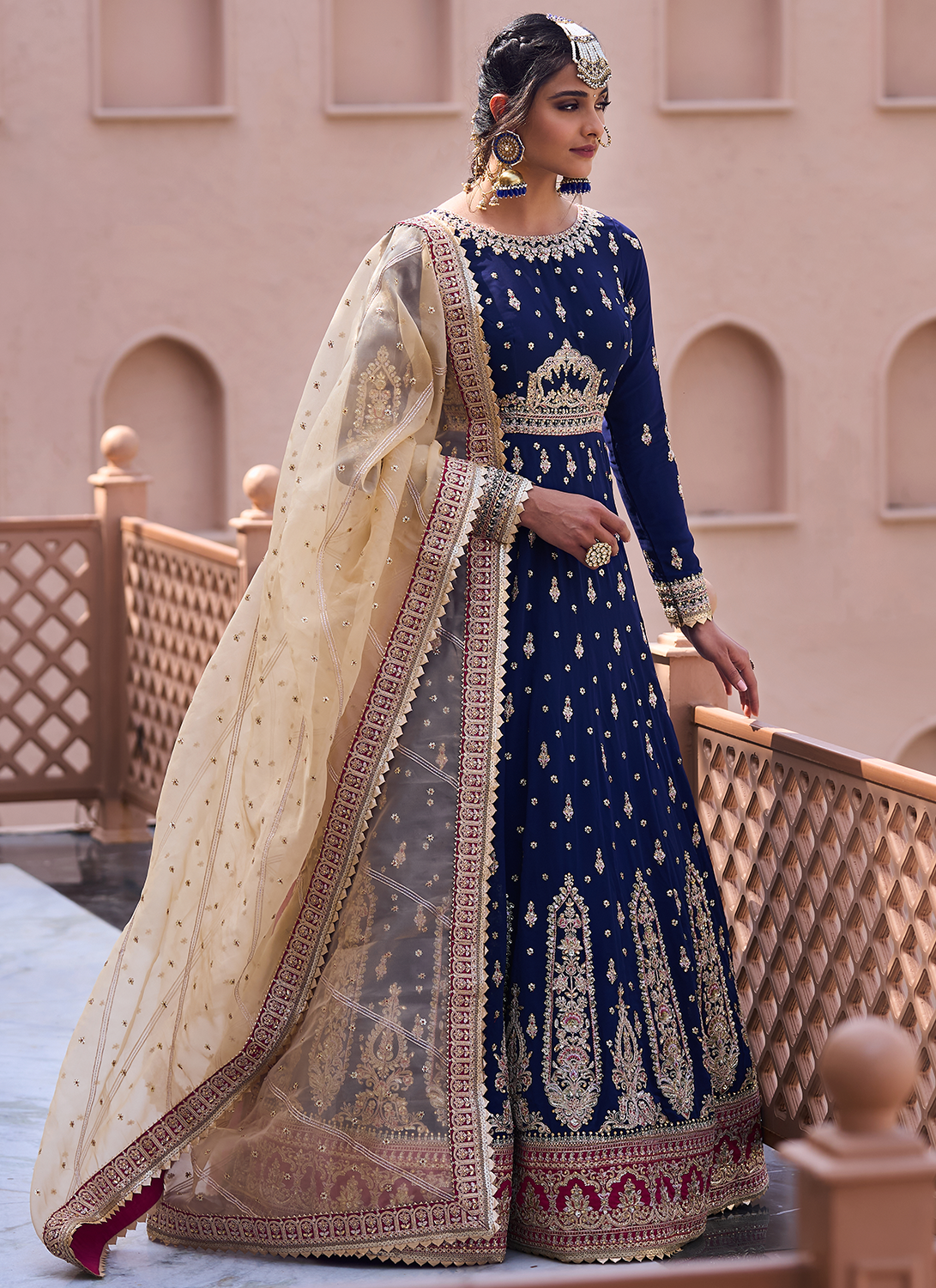Navy Blue Embroidered Anarkali