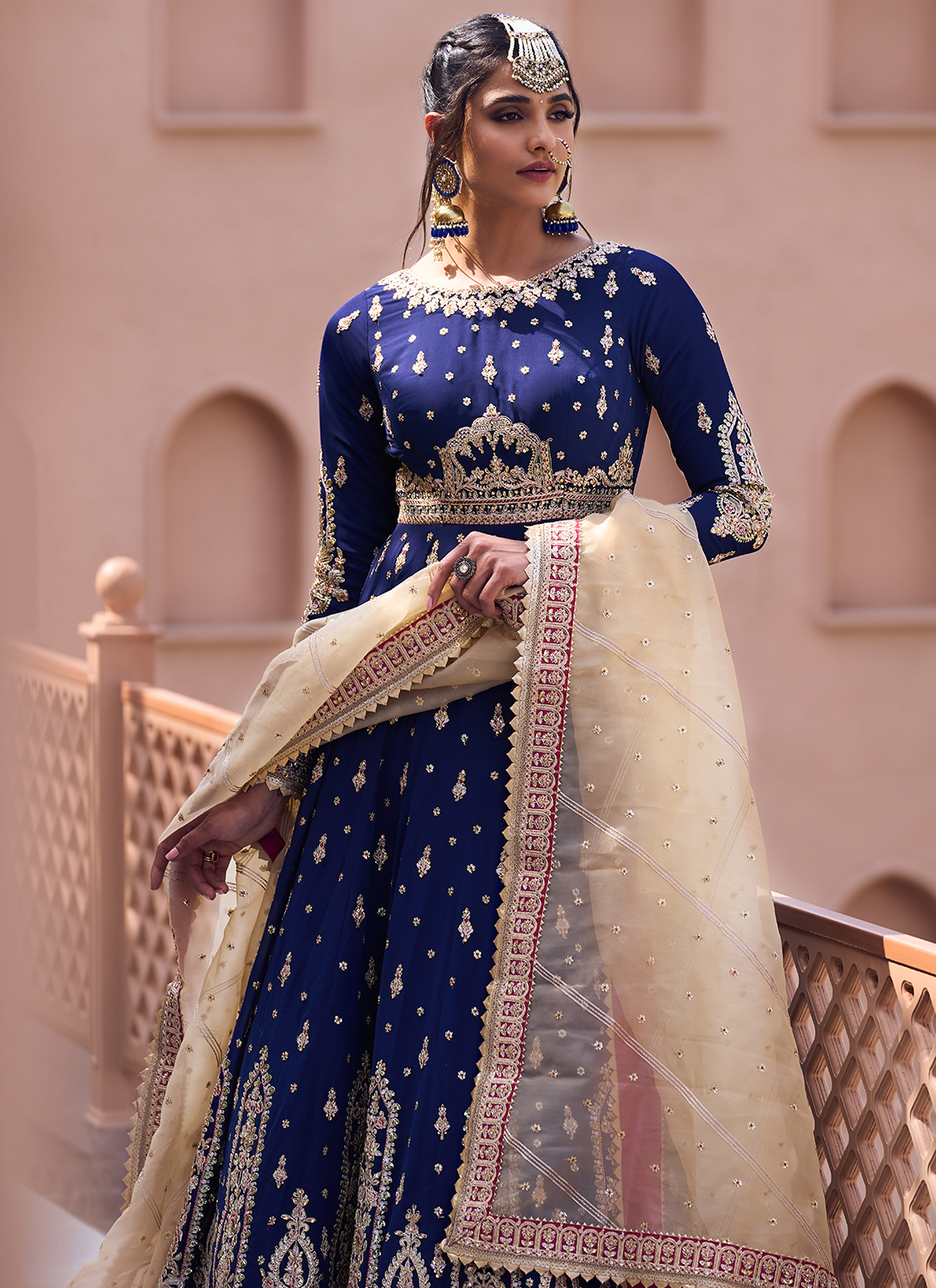 Navy Blue Embroidered Anarkali