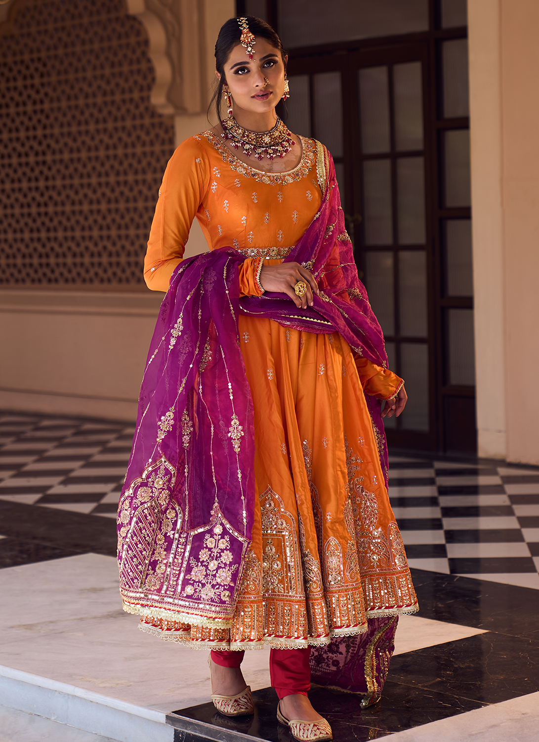 Orange and Purple Embroidered Anarkali