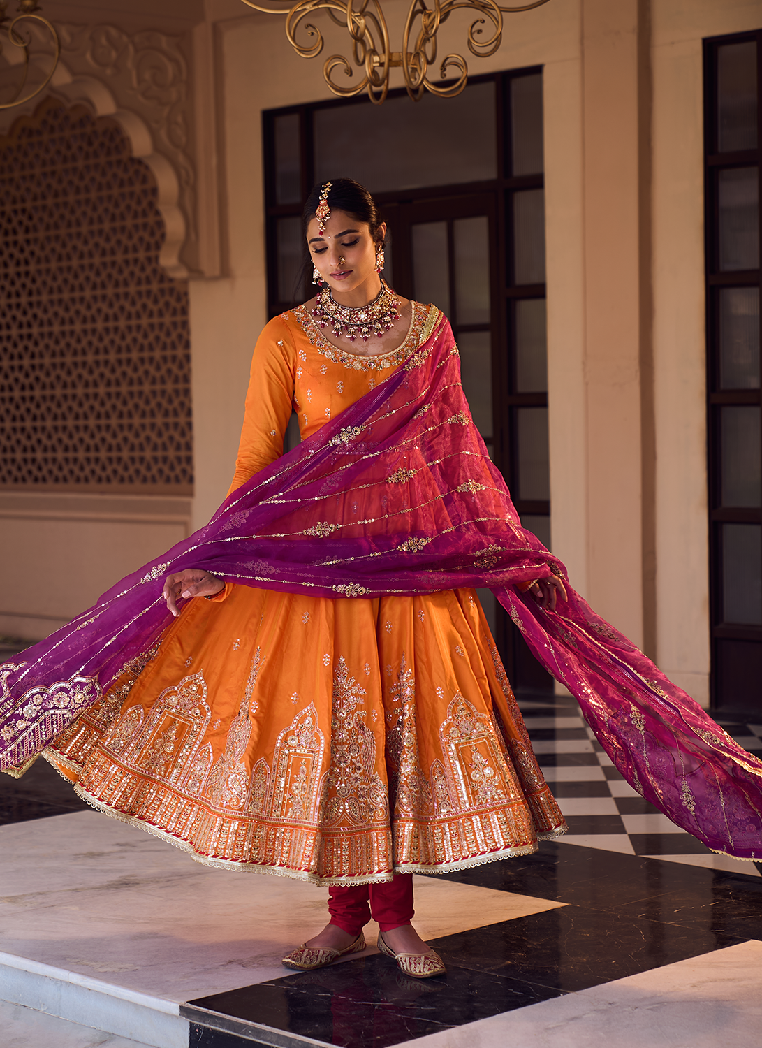 Orange and Purple Embroidered Anarkali