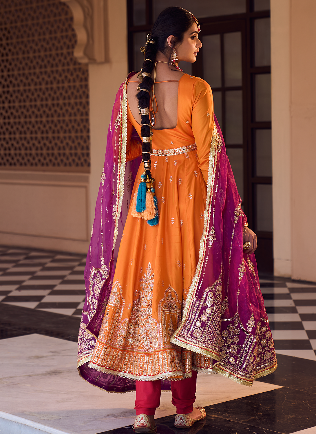 Orange and Purple Embroidered Anarkali