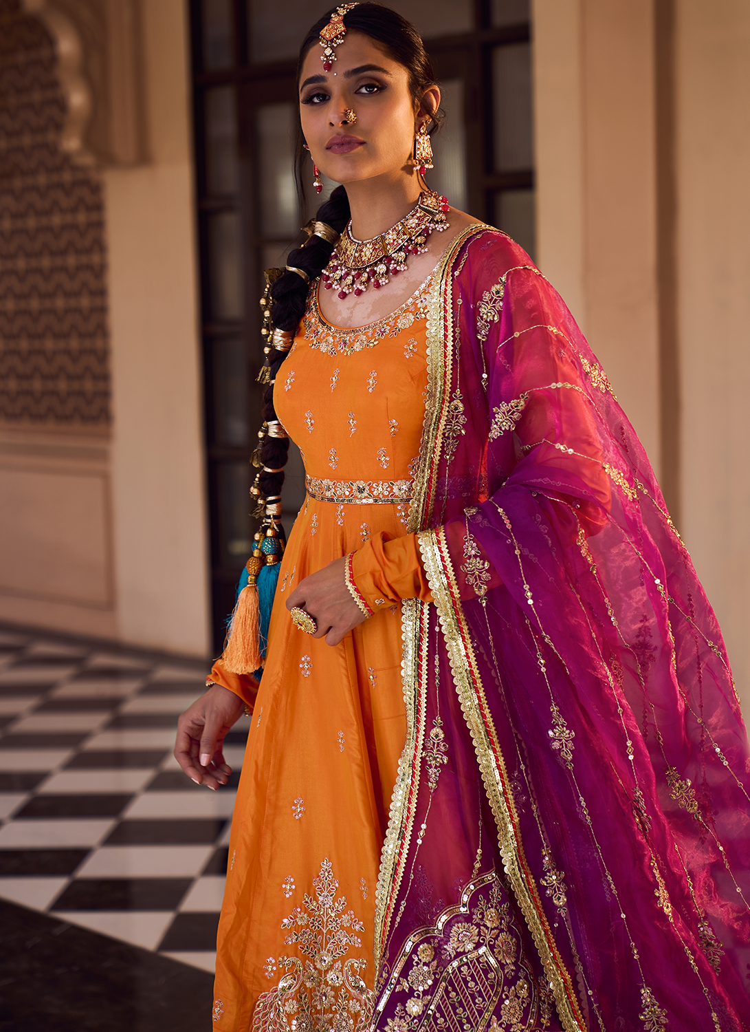 Orange and Purple Embroidered Anarkali
