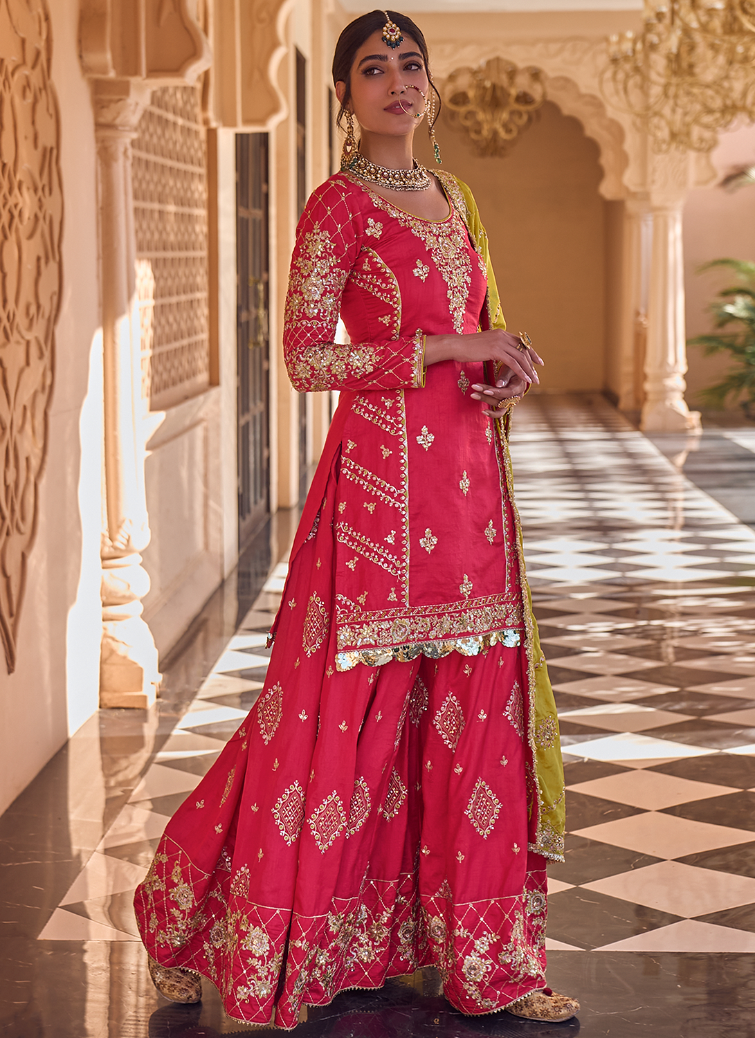 Hot Pink and Mustard Embroidered Sharara