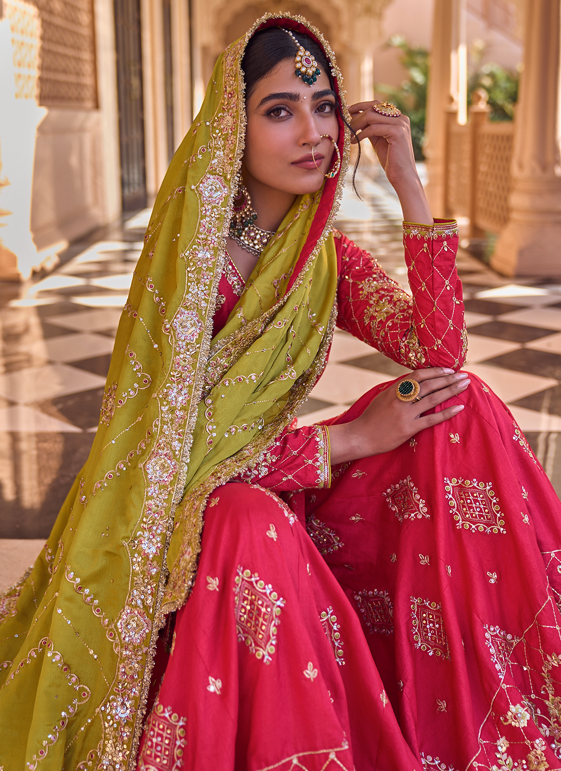 Hot Pink and Mustard Embroidered Sharara