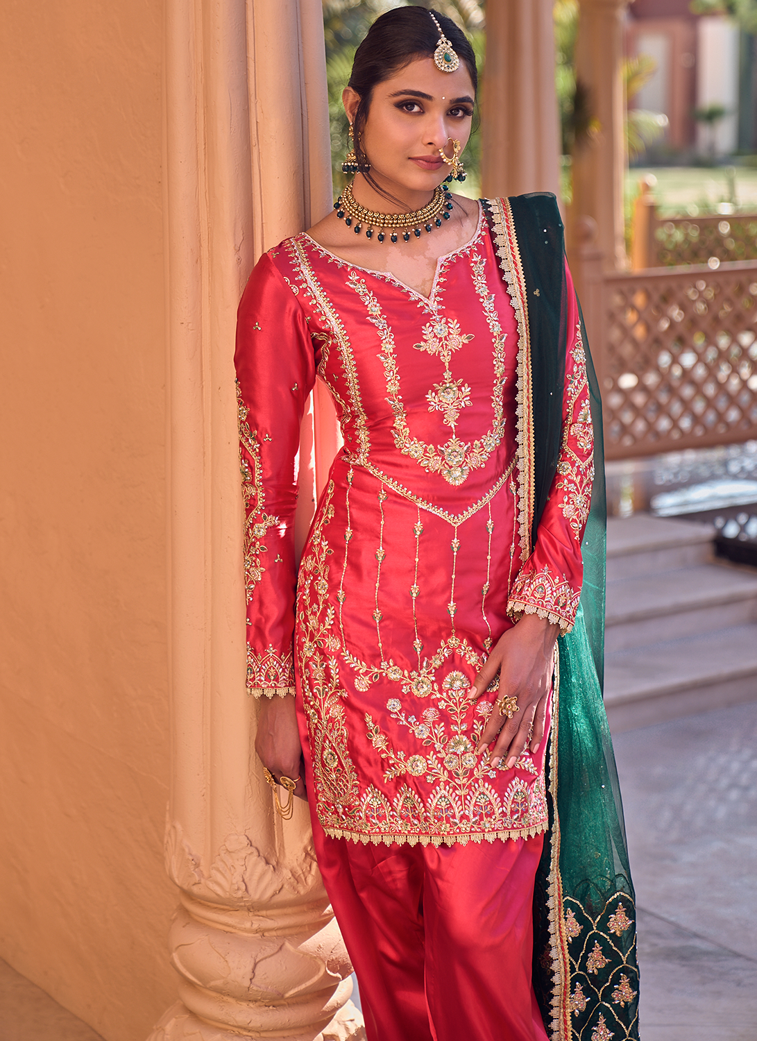 Crimson and Green Embroidered Patiala Suit