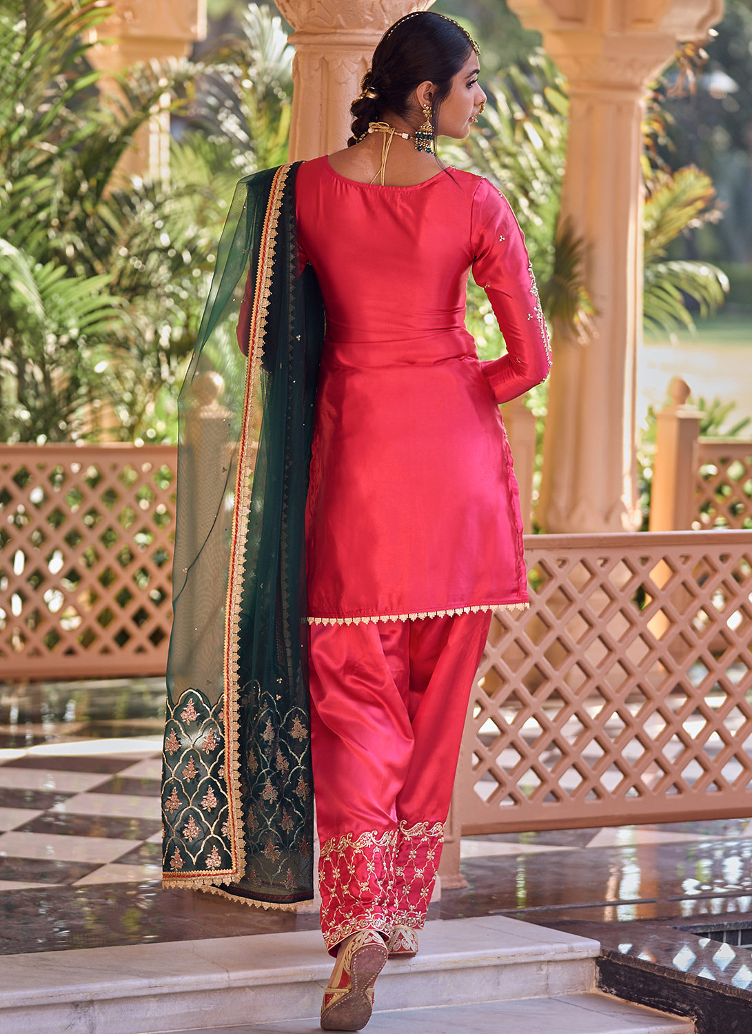 Crimson and Green Embroidered Patiala Suit