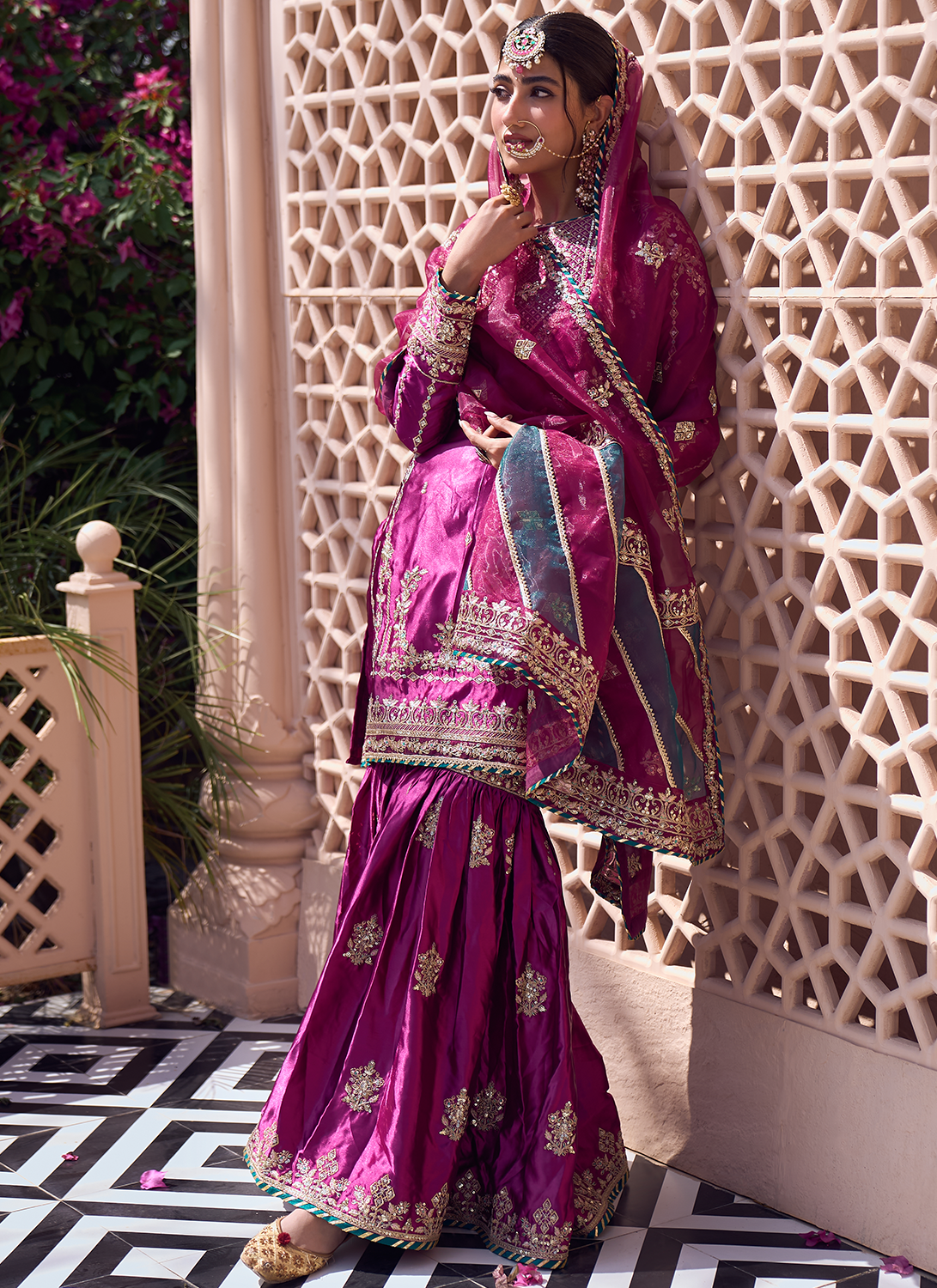 Deep Wine Embroidered Gharara Suit