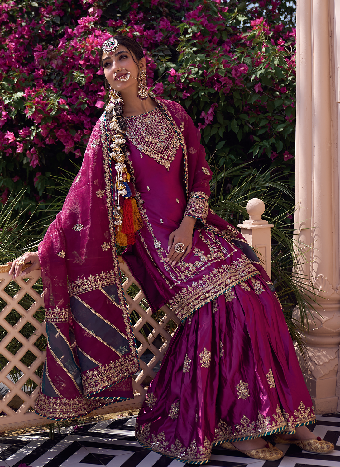 Deep Wine Embroidered Gharara Suit
