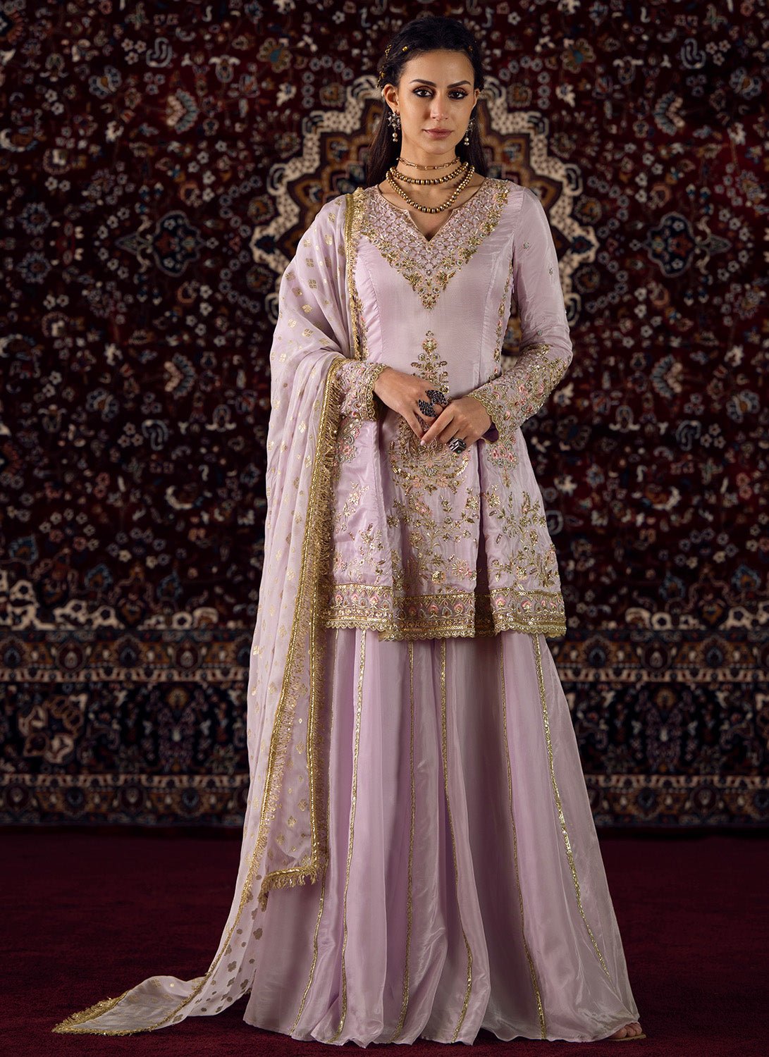 Lavender Embroidered Silk Sharara Suit - Lashkaraa