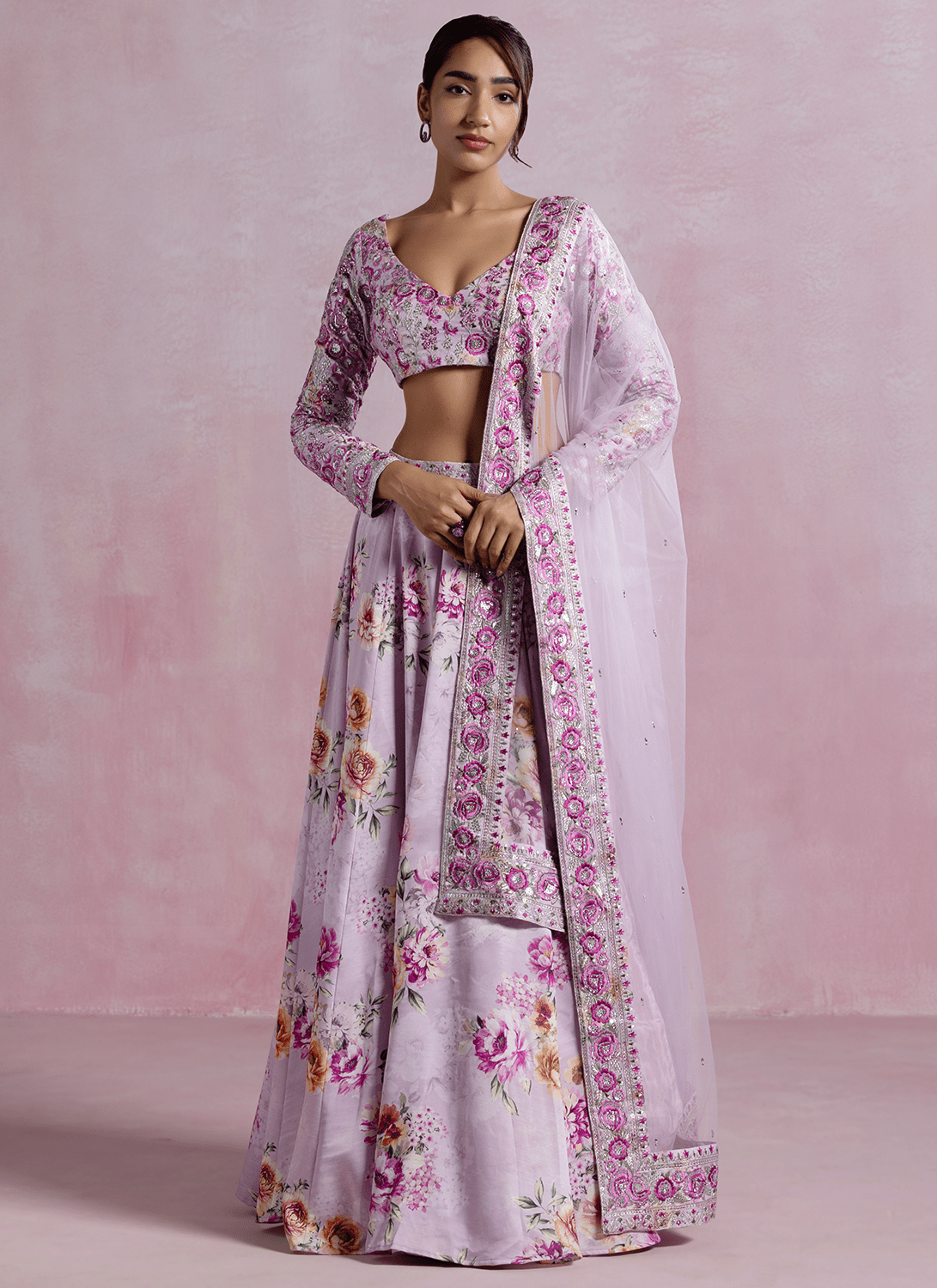 Lavender Floral Printed Modal Satin Lehenga - Lashkaraa