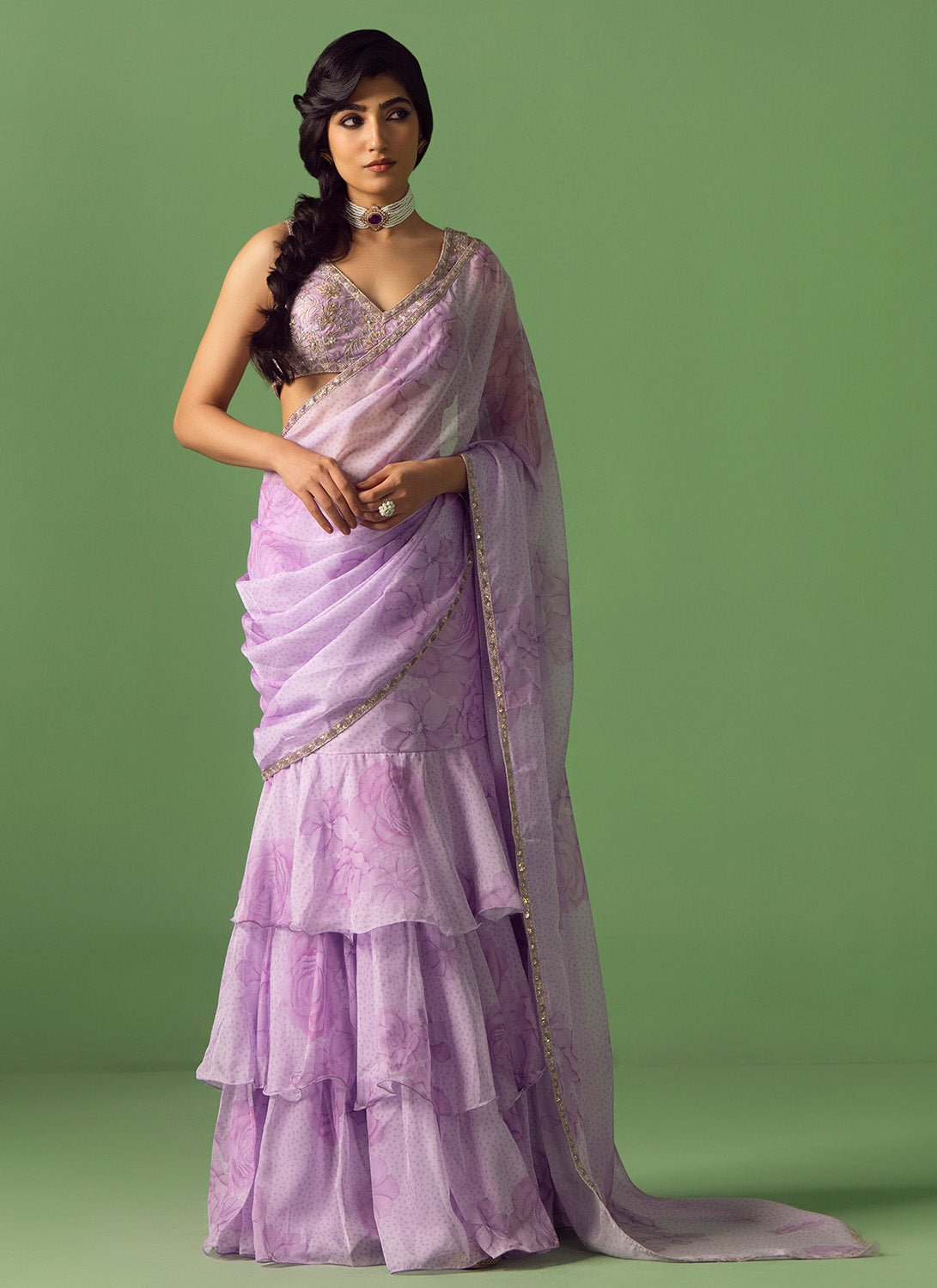 Lavender Floral Printed Organza Saree - Lashkaraa
