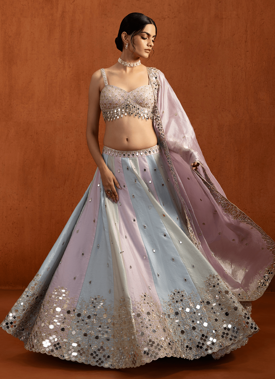 Lavender Multicolor Embroidered Satin Lehenga - Lashkaraa