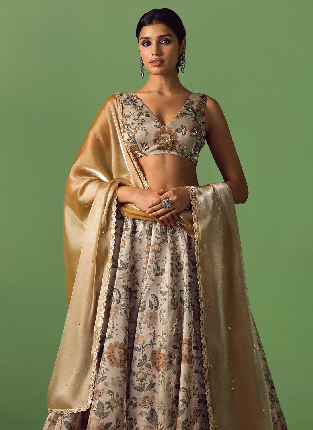 Light Beige Floral Printed Organza Lehenga - Lashkaraa