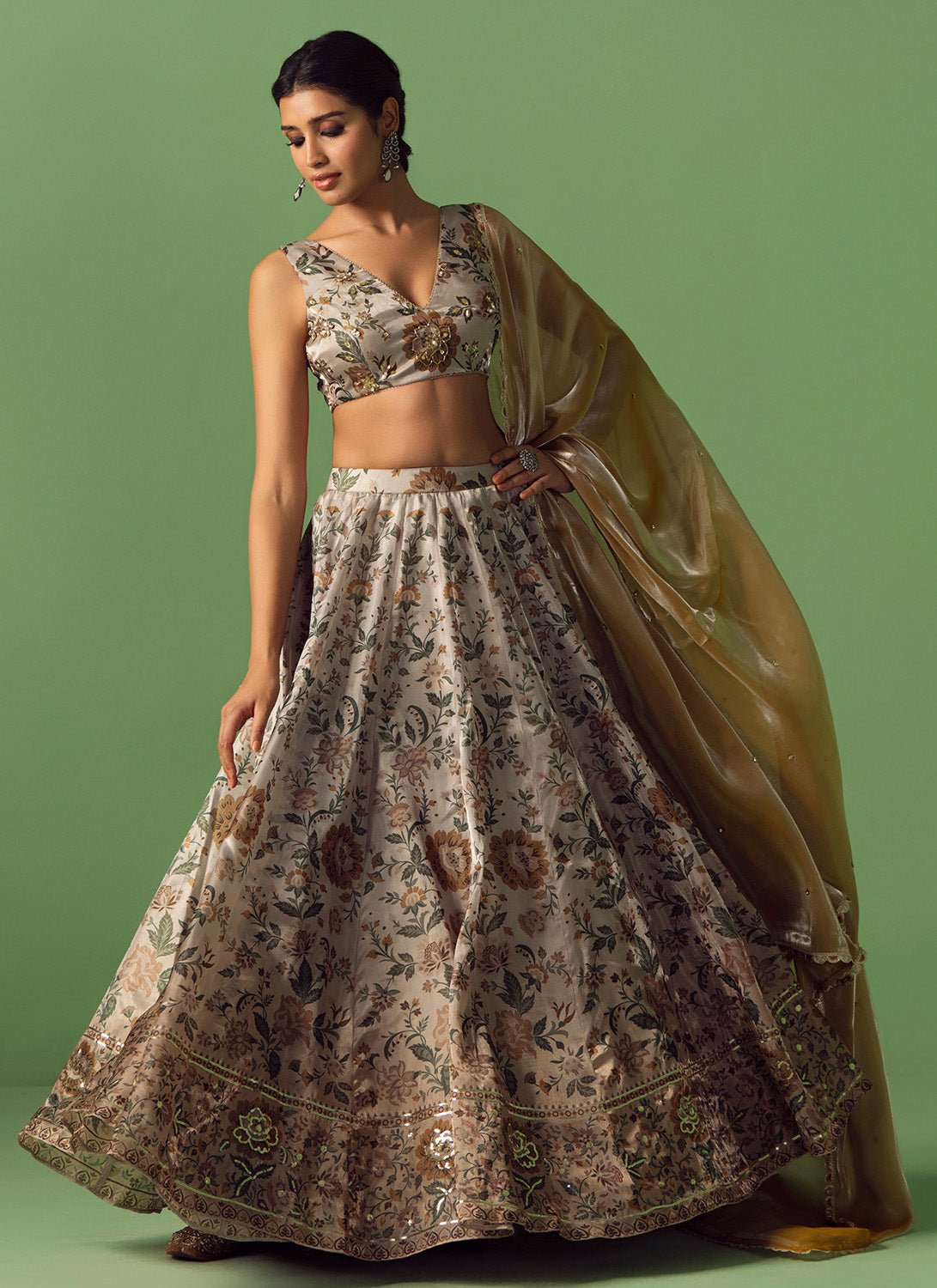 Light Beige Floral Printed Organza Lehenga - Lashkaraa
