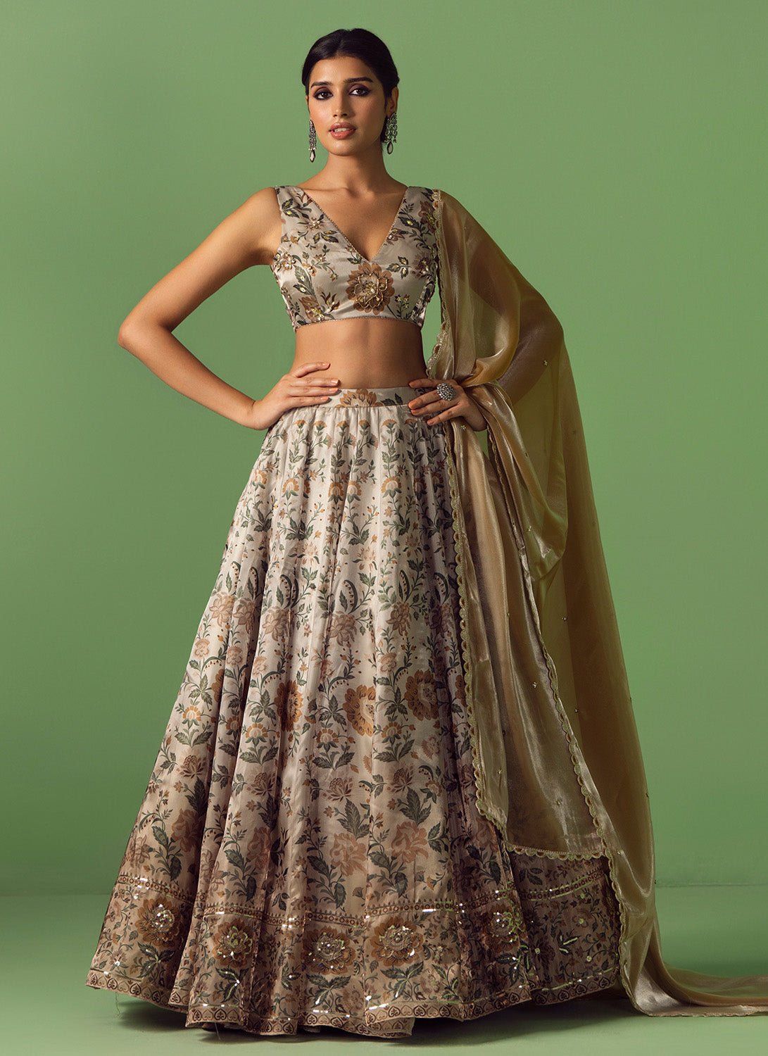 Light Beige Floral Printed Organza Lehenga - Lashkaraa