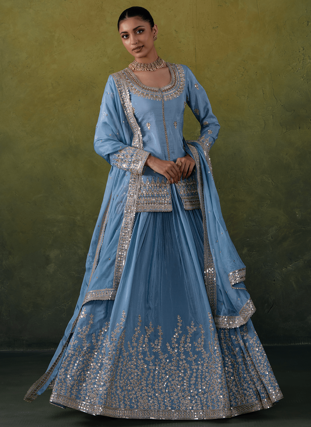 Light Blue Embroidered Crepe Kurti Style Lehenga - Lashkaraa