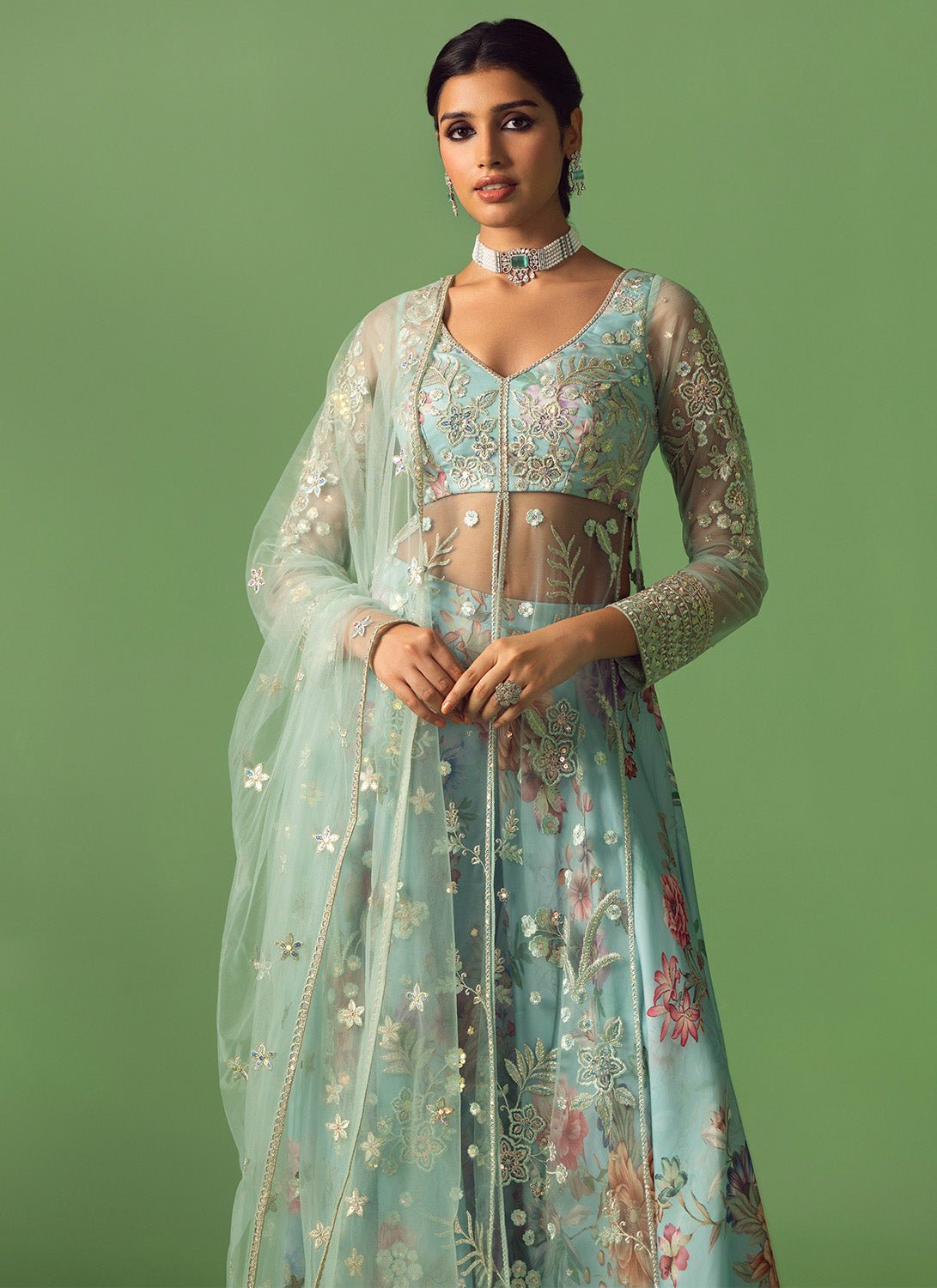 Light Blue Embroidered Net Sharara - Lashkaraa