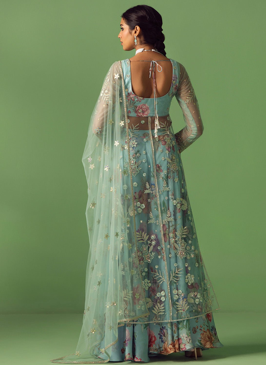 Light Blue Embroidered Net Sharara - Lashkaraa