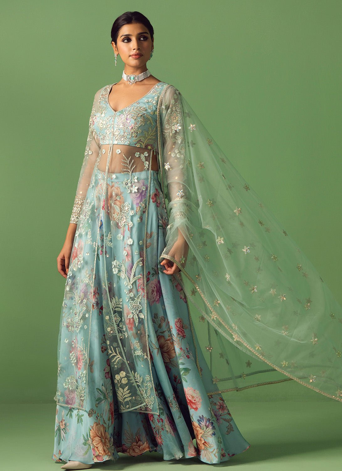 Light Blue Embroidered Net Sharara - Lashkaraa