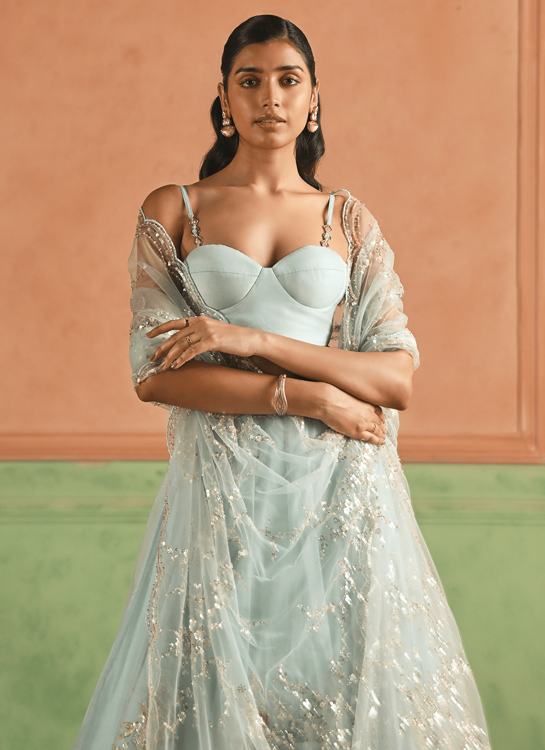 Light Blue Embroidered Organza Corset Style Lehenga - Lashkaraa