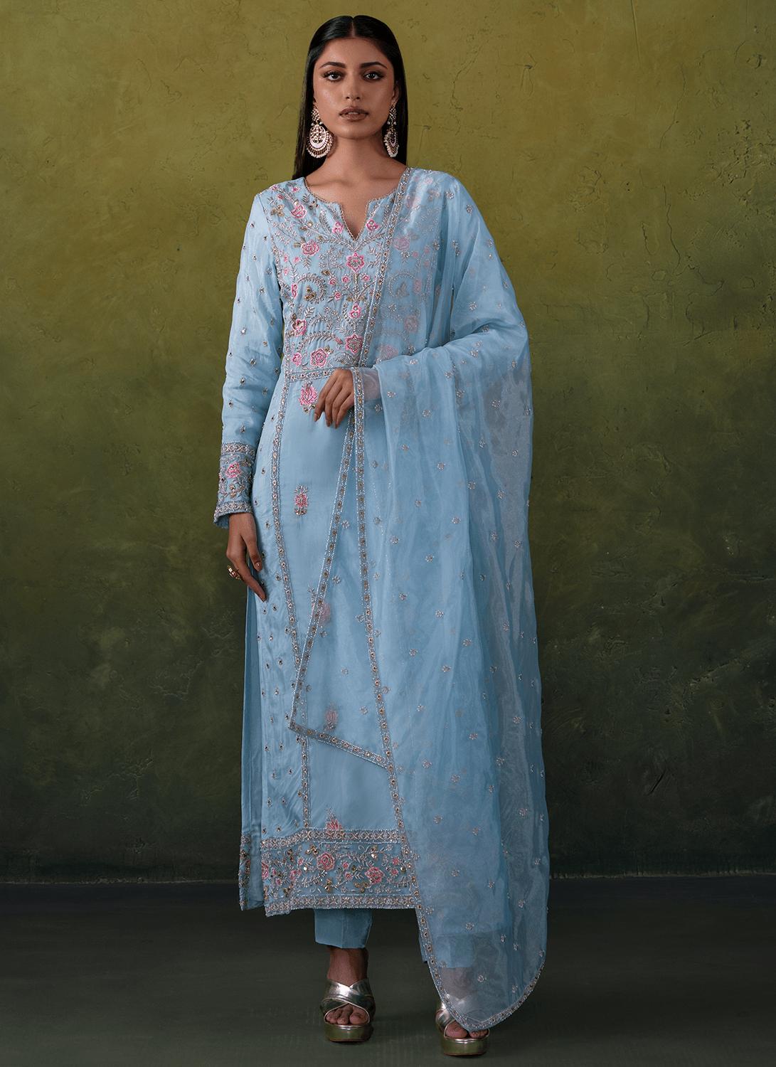 Light Blue Embroidered Organza Straight Suit - Lashkaraa