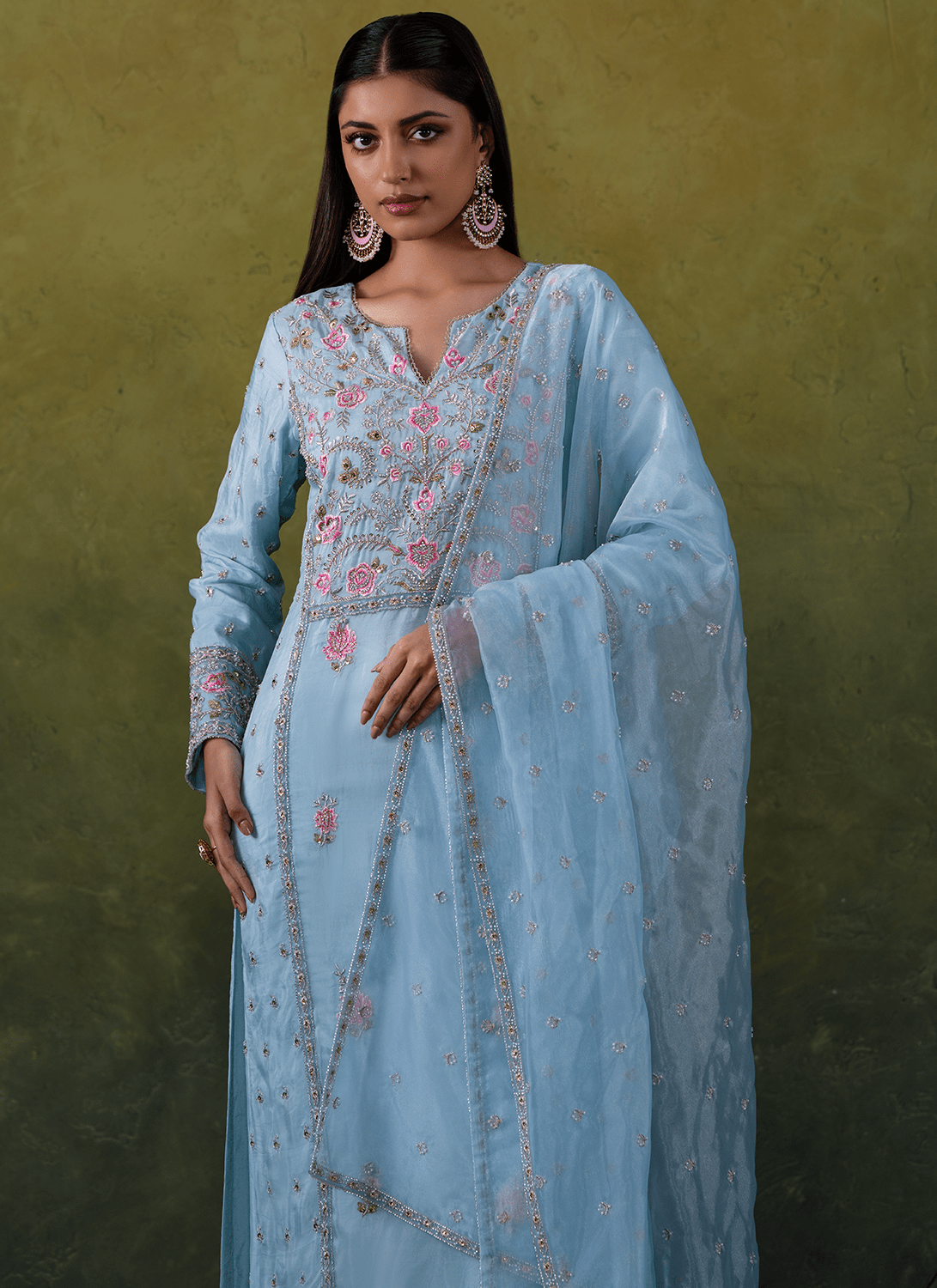 Light Blue Embroidered Organza Straight Suit - Lashkaraa