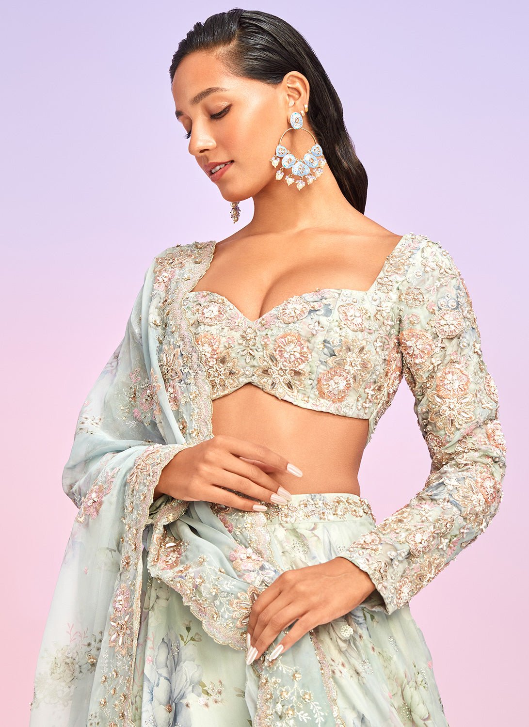 Light Blue Floral Embellished Lehenga - Lashkaraa