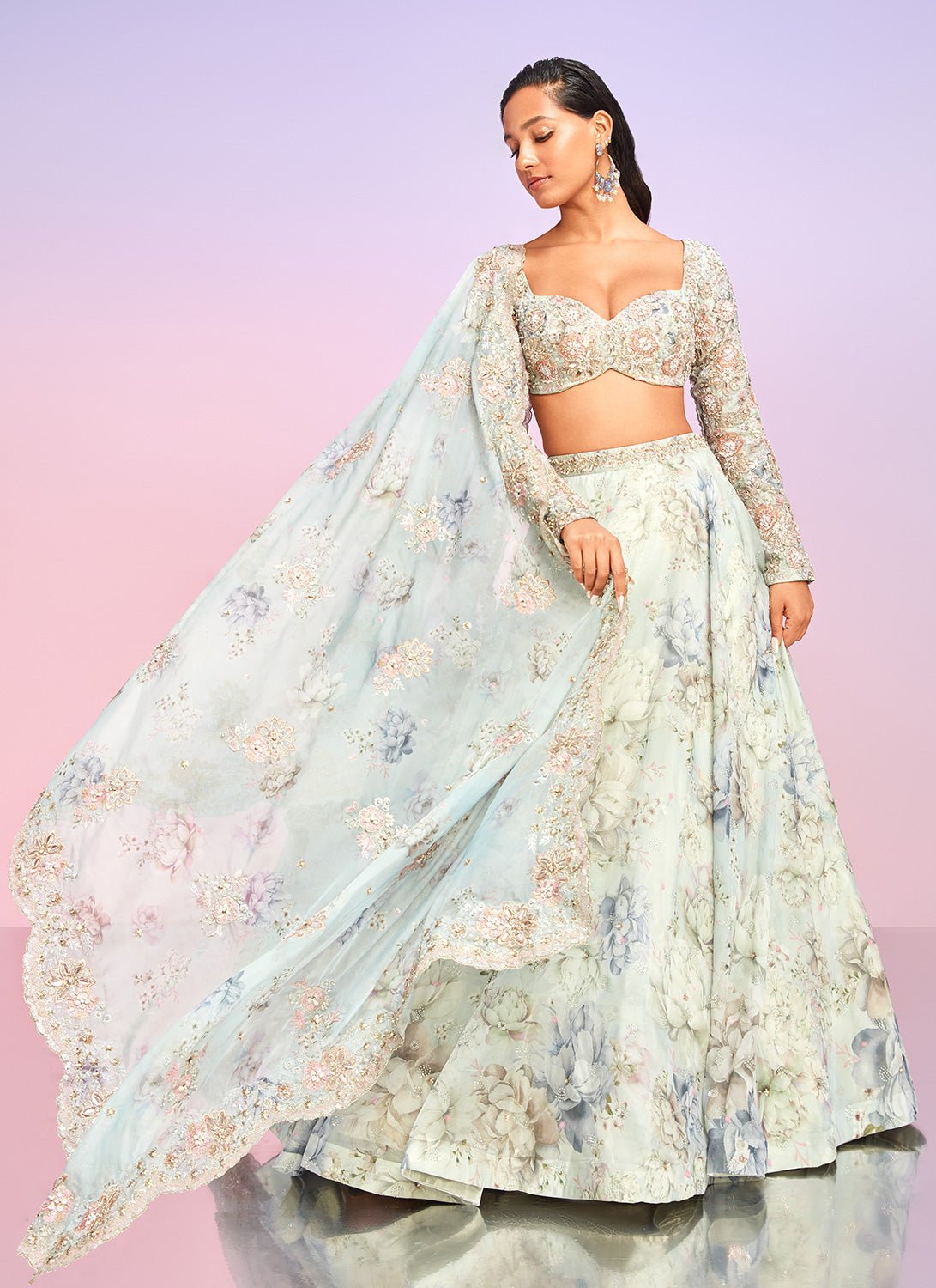 Light Blue Floral Embellished Lehenga - Lashkaraa