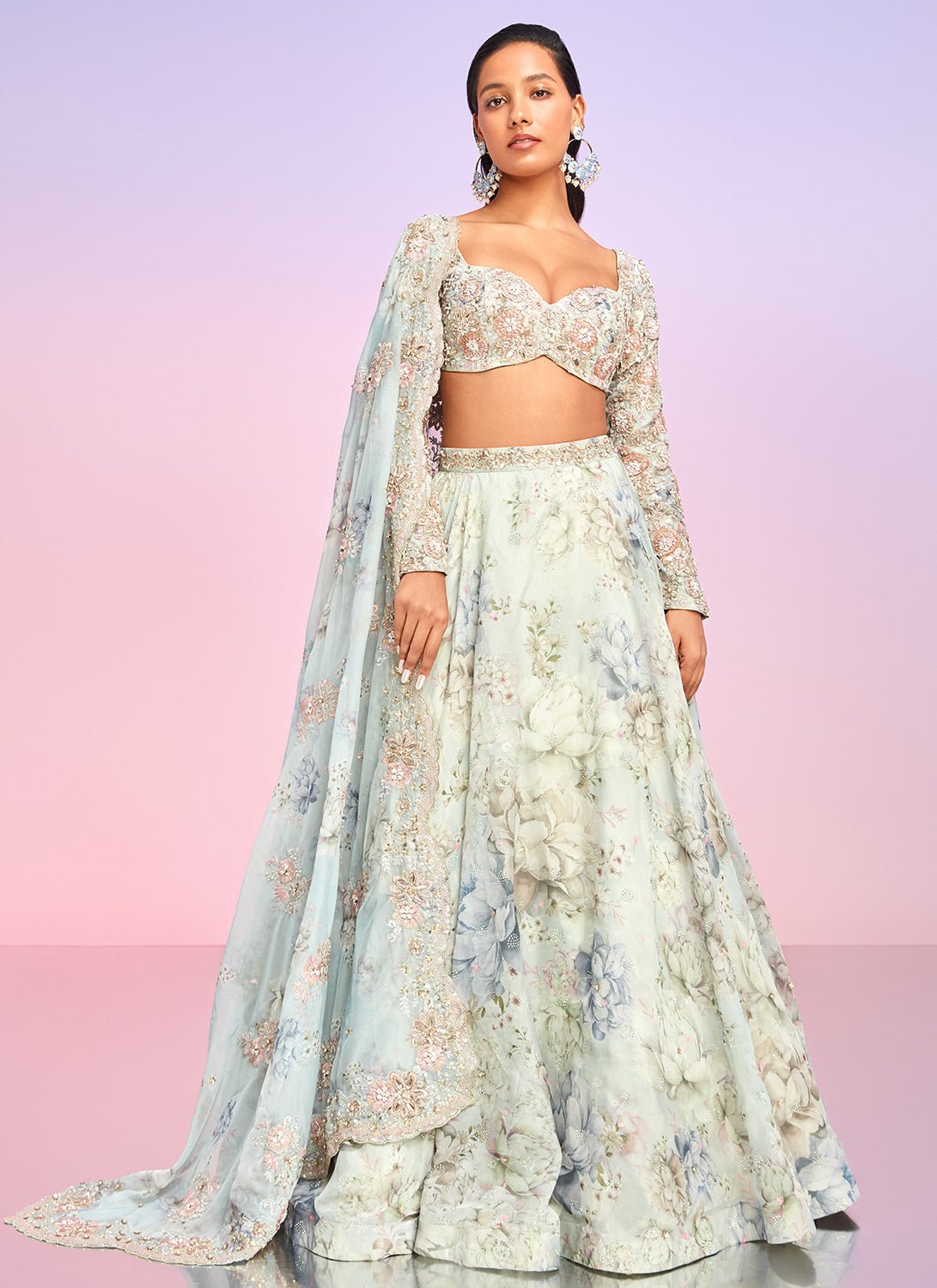 Light Blue Floral Embellished Lehenga - Lashkaraa