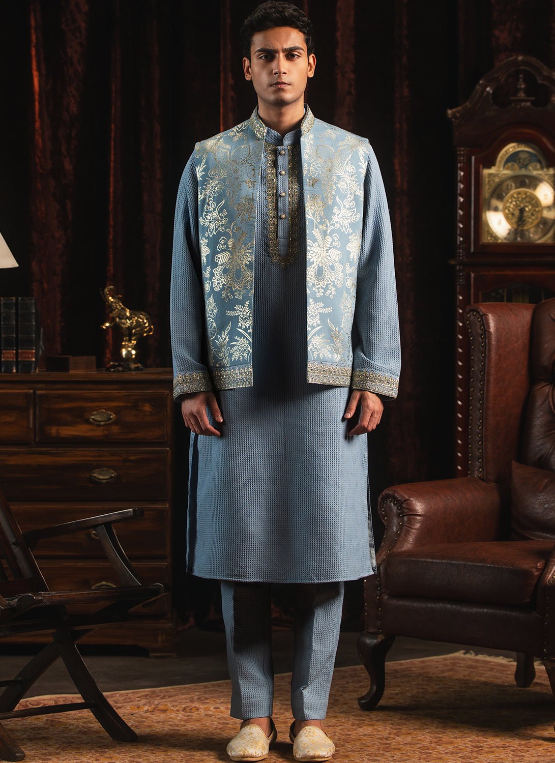Light Blue Foil Printed Nehru Jacket Set - Lashkaraa