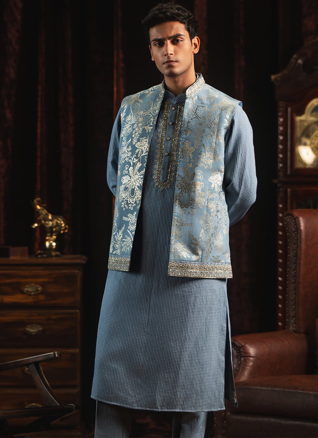 Light Blue Foil Printed Nehru Jacket Set - Lashkaraa