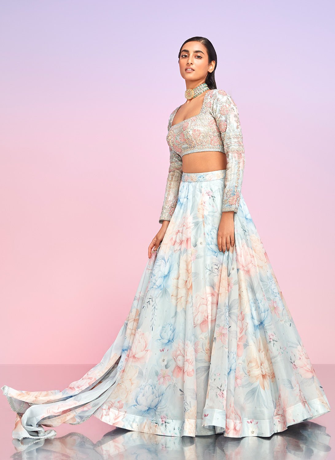 Light Blue Multicolor Floral Embellished Lehenga - Lashkaraa