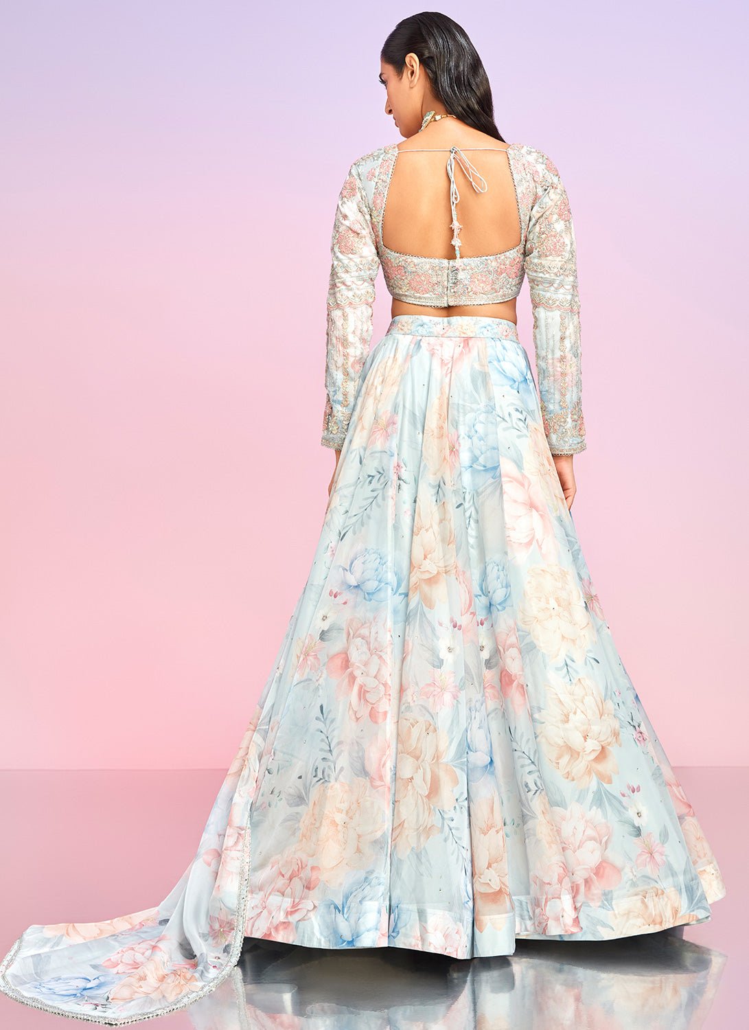 Light Blue Multicolor Floral Embellished Lehenga - Lashkaraa