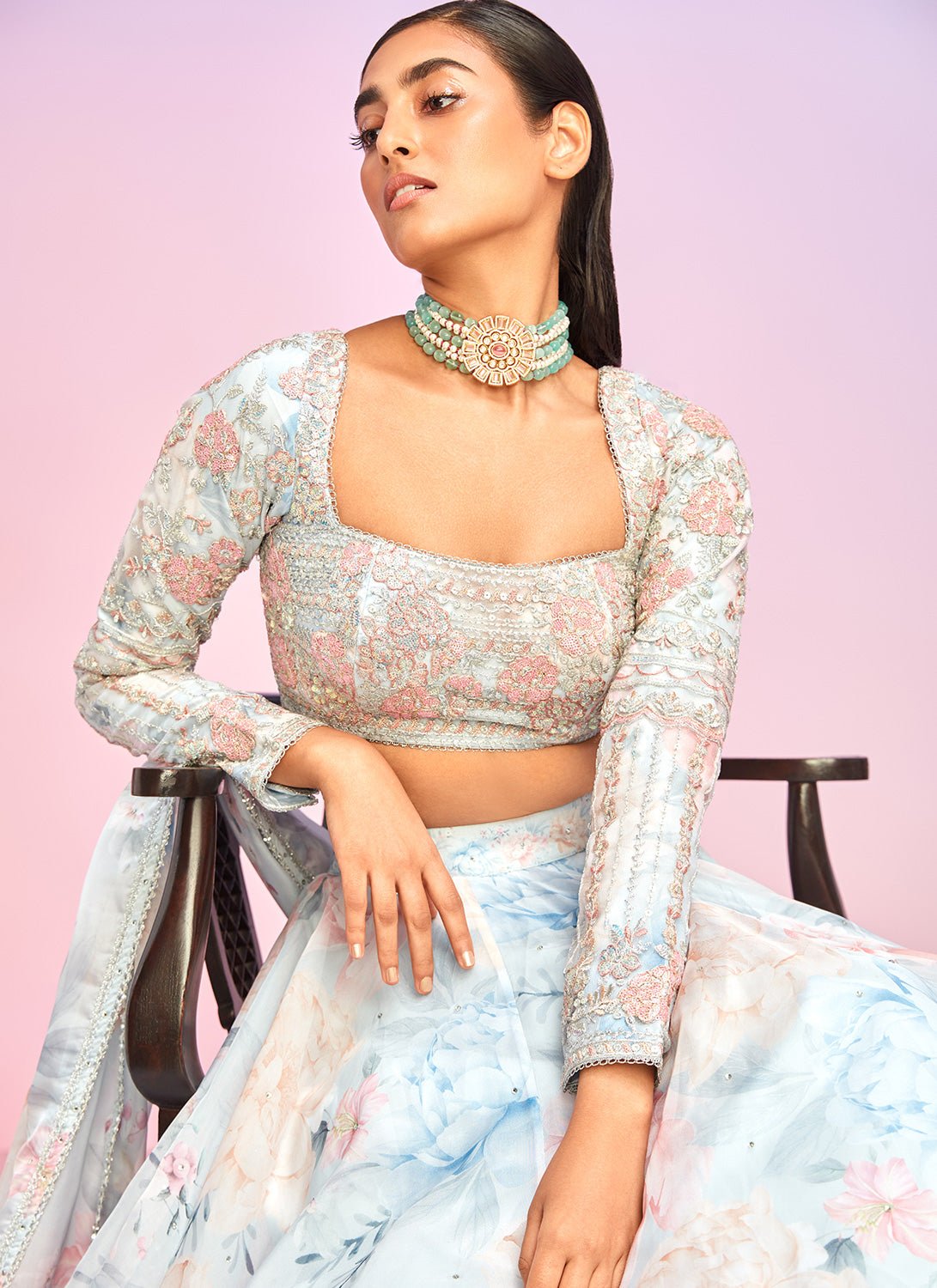 Light Blue Multicolor Floral Embellished Lehenga - Lashkaraa