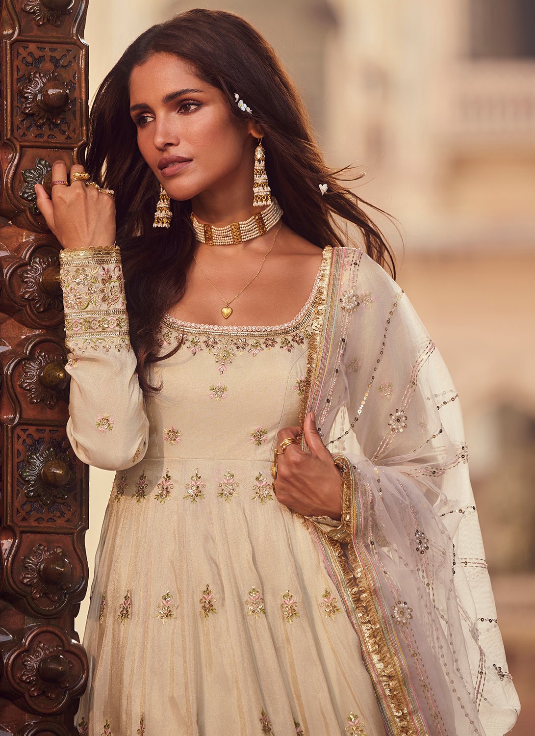Light Dusty Beige Embroidered Anarkali - Lashkaraa