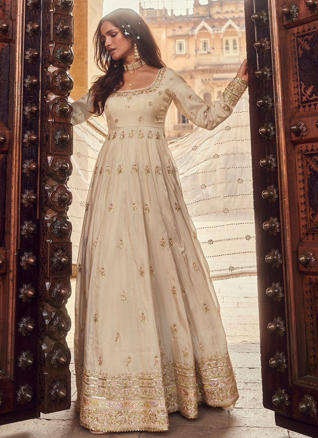 Light Dusty Beige Embroidered Anarkali - Lashkaraa