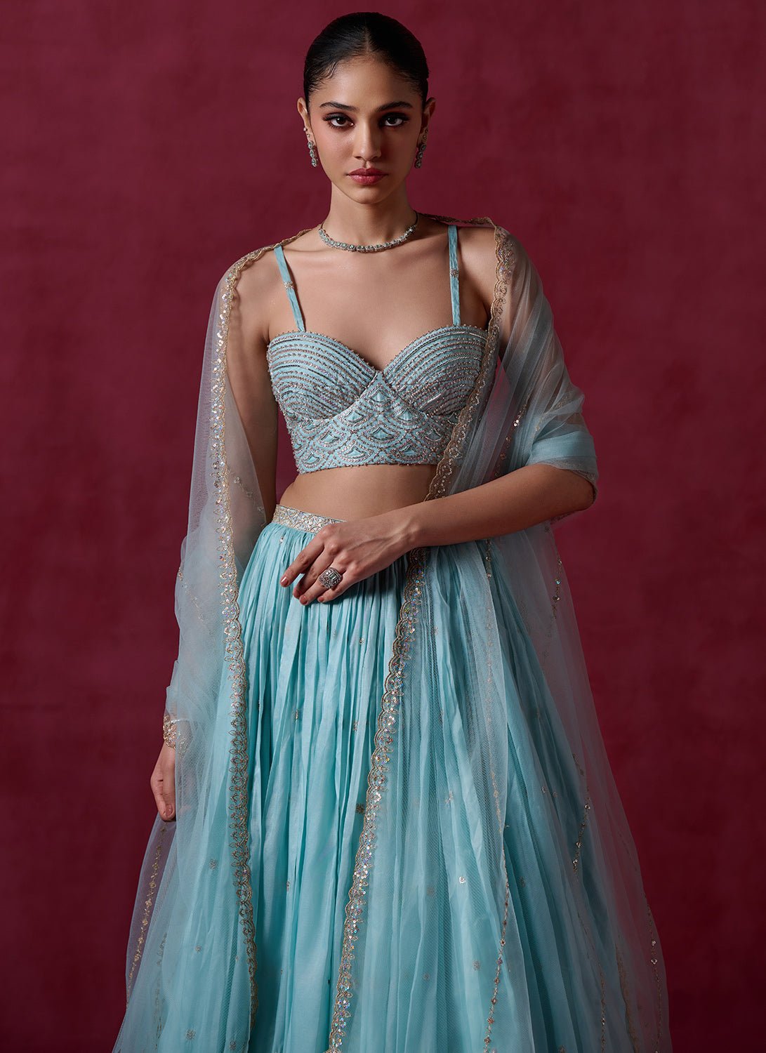 Light Dusty Blue Embroidered Organza Lehenga - Lashkaraa