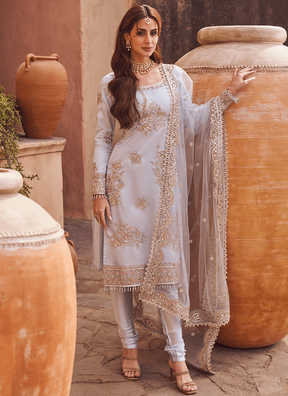 Light Dusty Bluish Grey Embroidered Straight Suit - Lashkaraa
