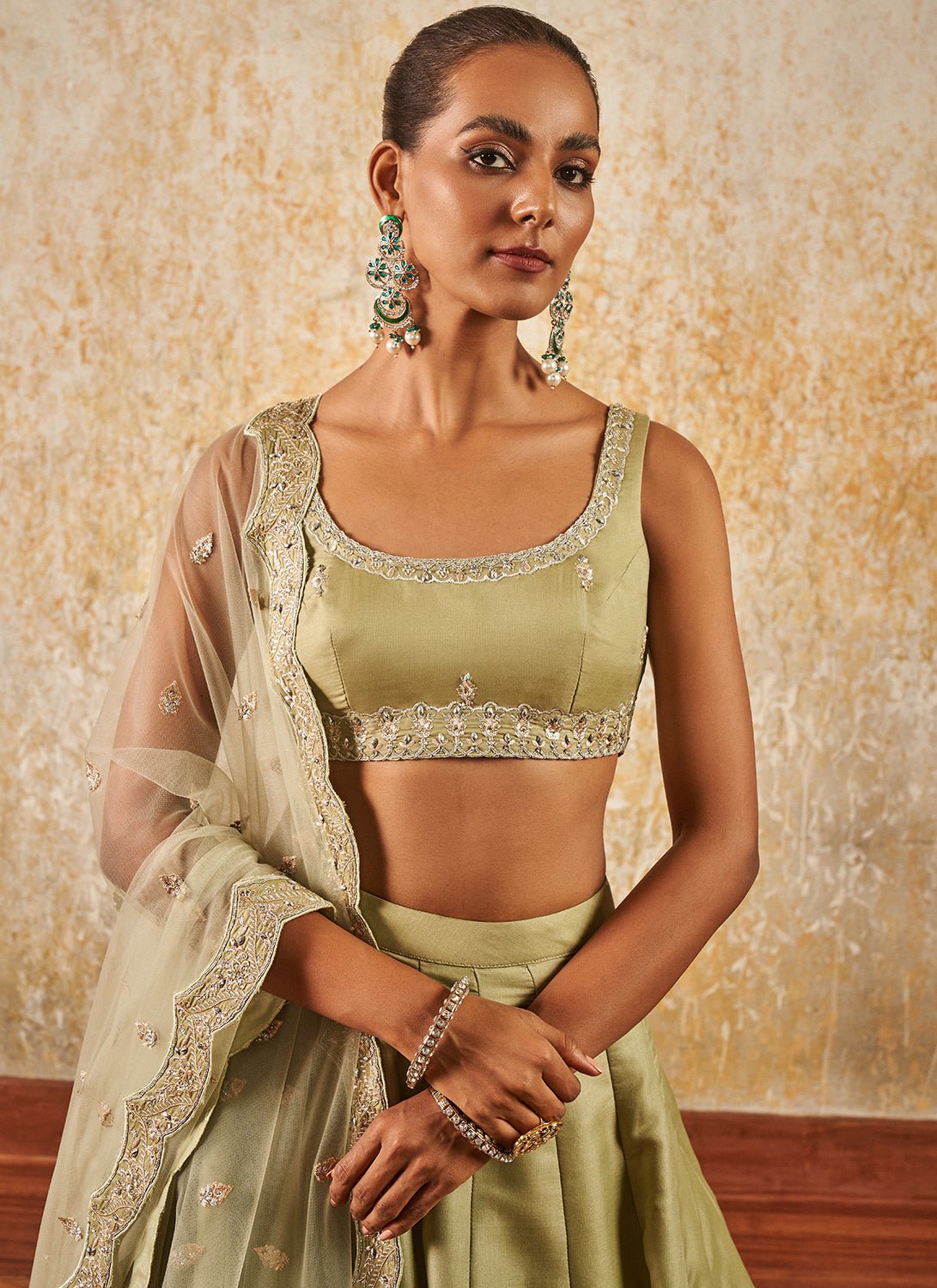 Light Dusty Green Embroidered Lehenga - Lashkaraa