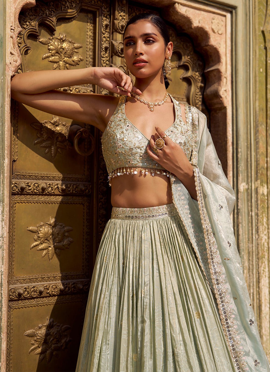 Light Dusty Green Embroidered Lehenga - Lashkaraa