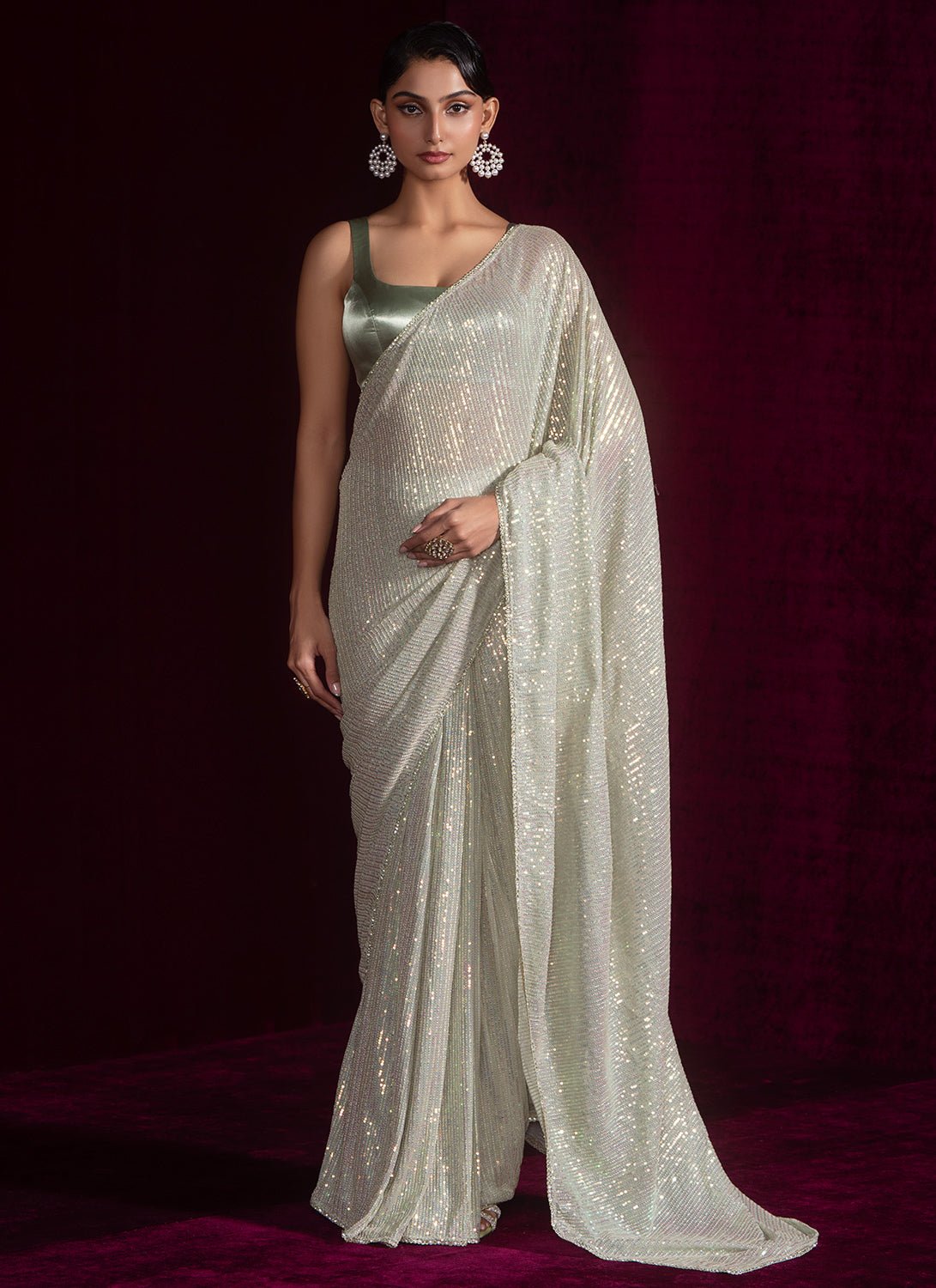 Light Dusty Green Embroidered Saree - Lashkaraa