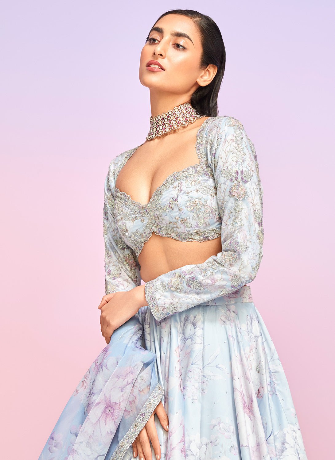 Light Dusty Periwinkle Floral Embellished Lehenga - Lashkaraa